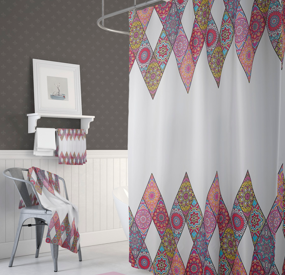 Textil Duschvorhang 240x200 cm bunt Patchwork Mandala inkl. Duschringe
