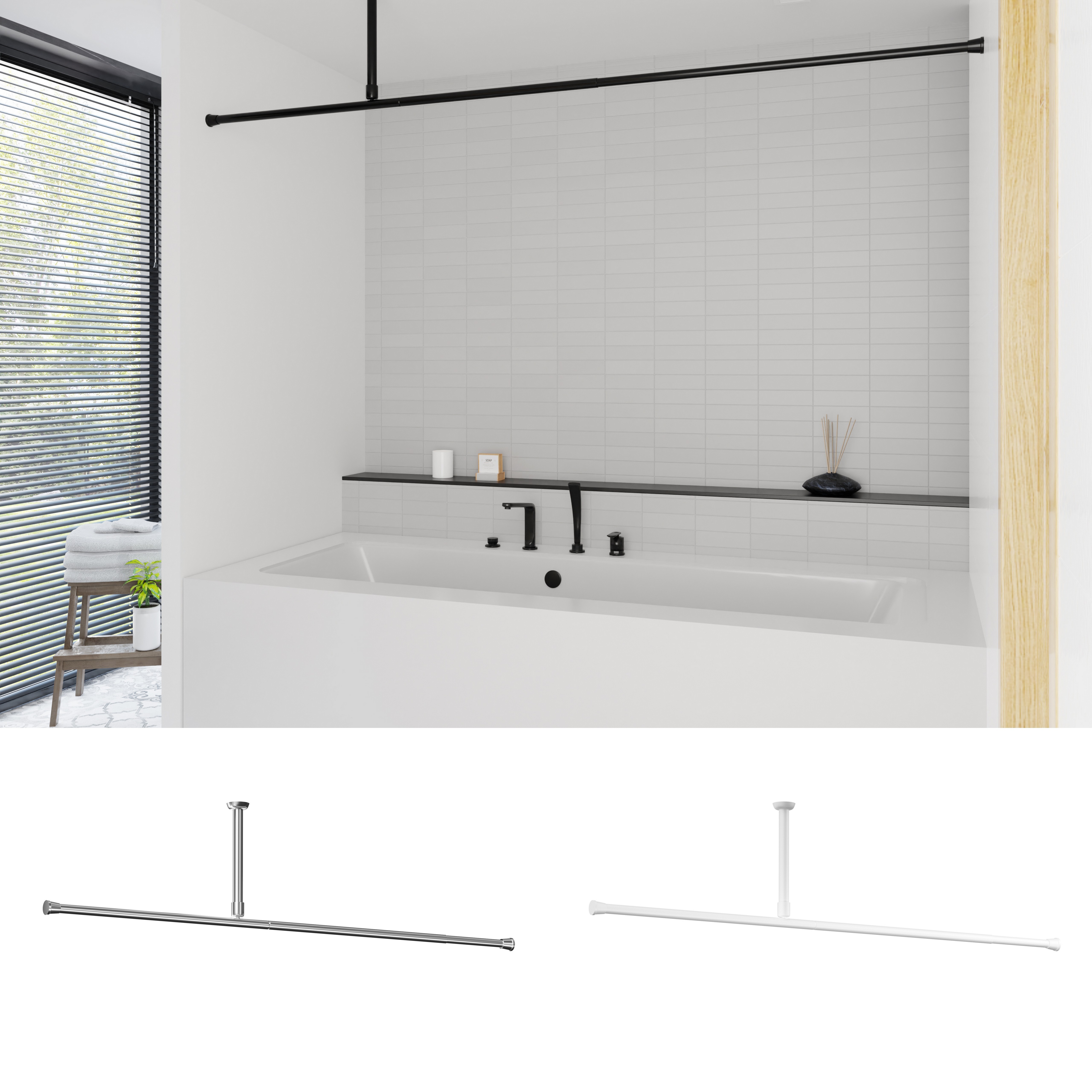 ALU DUSCHVORHANGSTANGE GARDINENSTANGE 4 m EXTRA LANG WEISS SILBER SCHWARZ 250-400 CM INKL. DECKENHALTERUNG | Silber glänzend