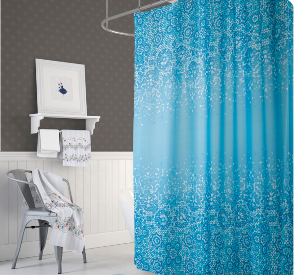 Textil Duschvorhang 240x200 cm blau weiß Mosaik inkl. Duschringe