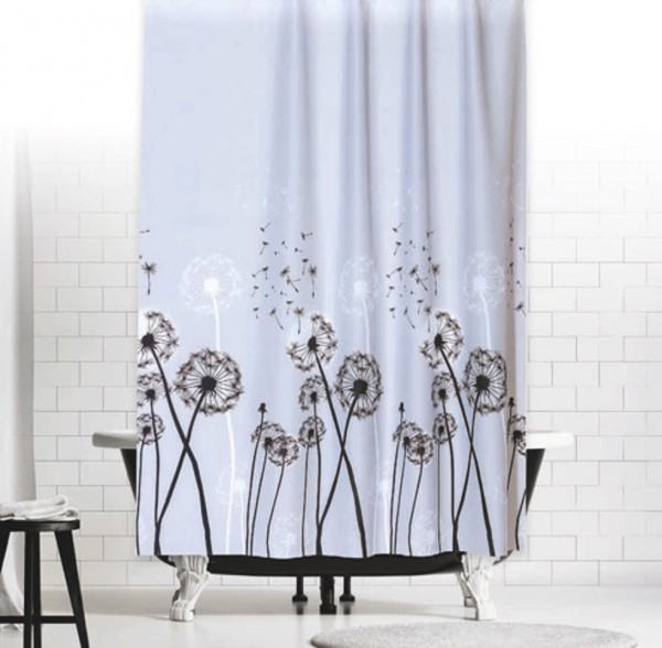 Textil Duschvorhang Pusteblume 120x200 cm grau schwarz weiss Gardine Blumen inkl. Duschvorhangringe