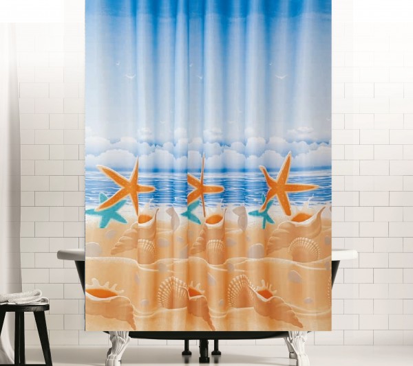 Textil Duschvorhang Modell Sandstrand blau braun 120x200 cm inkl. Duschvorhangringe