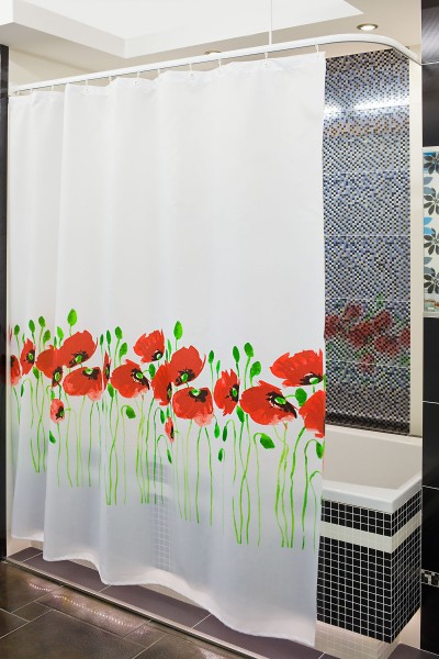 Textil Duschvorhang Modell Mohnblume 120x200 cm inkl. Duschvorhangringe weiss grün rot