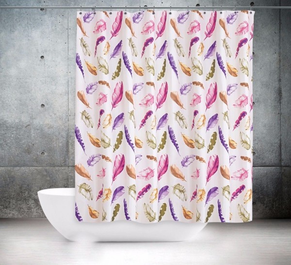 Textil Duschvorhang 240x180 cm weiß bunt Federn inkl. Duschringe