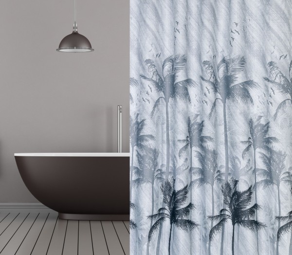 Textil Duschvorhang Palmen grau schwarz 180x200 cm hellgrau inkl. Duschvorhangringe