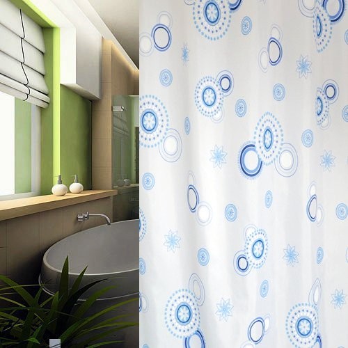 Textil Duschvorhang 240x180 cm blaue Kreise inkl. Duschringe weiß blau 240x180